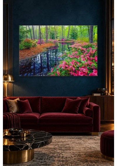 Fida Pembe Açelyalı Orman Göleti Canvas Tablo Çok Renkli