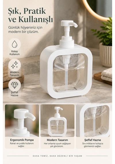 Şeffaf Dikdörtgen Sıvı Sabunluk Pompalı Mutfak Banyo Deterjanlık Tezgah Üstü Dispenser Beyaz