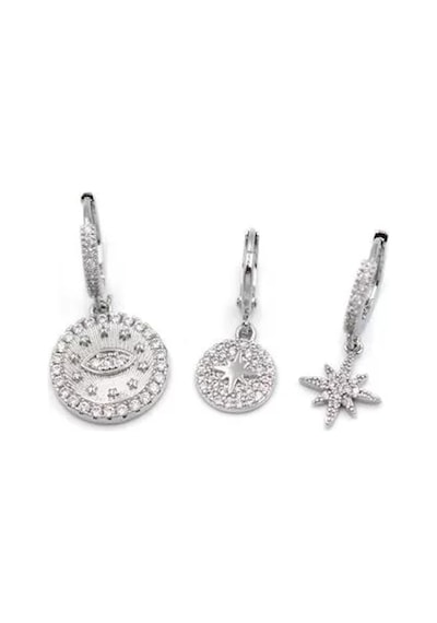 3'lü Taşlı Halka Küpe - Gümüş Çok Renkli 81829899