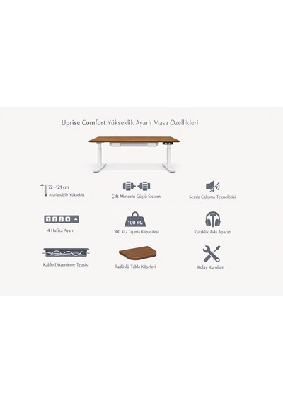 Tr Uprise Comfort Çift Motorlu Yükseklik Ayarlı Masa 72 121 Cm - Beyaz Beyaz Ayak/ceviz Tabla, 120x60 Cm Diğer
