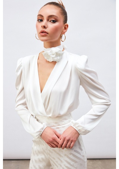 Sateen Kruvaze Saten Bodysuit Bluz - Ekru