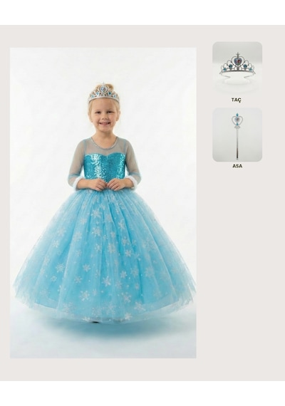 Butikhappykids Frozen Elsa Kostümü Uzun Kollu Kız Çocuk Prenses Elbisesi Taç+asa Hediyeli Mavi