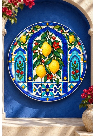 Dekoratif Duvar Tabağı Limonlu Vitray Bahçesi Dekorlu Seramik Tabak Beyaz