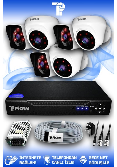 Picam 6 Kameralı Kare 3 İç Kamera Set HDD'siz Full HD Gece Görüşlü Güvenlik Kamerası Sistemi