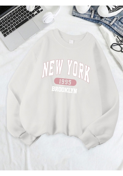 Startmore Startmorenew York Brooklyn 1955 Baskılar Tişörtü Kadın Bisiklet Yaka Rahat Kapüşonlular Gevşek Polar S Beyaz