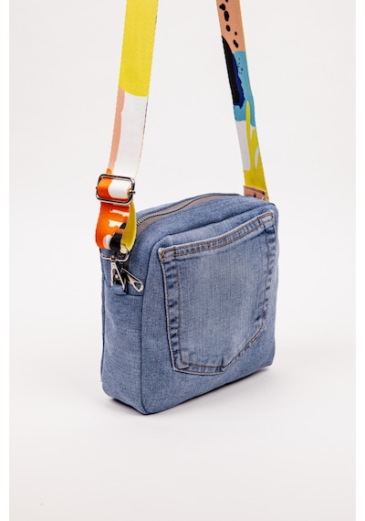 Fabric Craft Bag Kadın Çapraz Çanta Denim Kot Cepli Desenli Askılı Özel Seri 21x21 Cm Açık Mavi