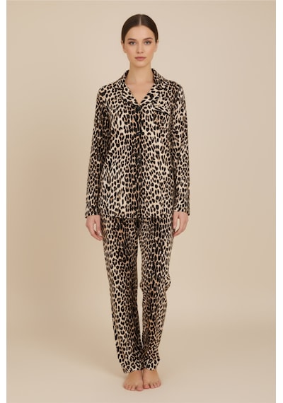 Luxury Viscose Leopar Desenli Kadın Uzun Kollu Pijama Takımı 42577 LEOPAR