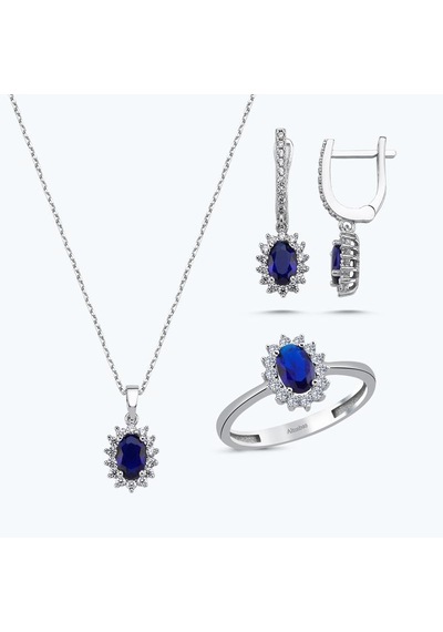 Altınbaş Altın Üçlü Mavi Taşlı Oval Set Utkvr0036-24627-set