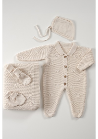 Tinylamb Premium Yenidoğan Bebek Triko Set 5 Parça Krem - Premium Bebek Hediye Seti Bej
