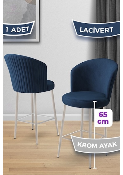 Canisa Alte Serisi 1 Adet Babyface Kumaş 65 Cm Krom Kaplama Ayaklı Lacivert Bar Sandalyesi Lacivert Sandalye Krom Kaplama Ayak