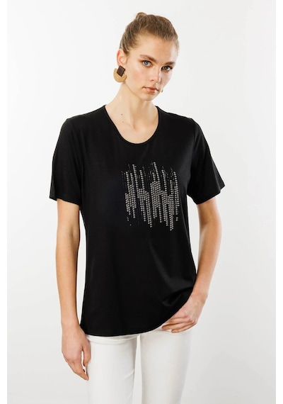 Desen Triko Sıfır Yaka Taş Baskılı Penye Kadın T-shirt 25769 Siyah