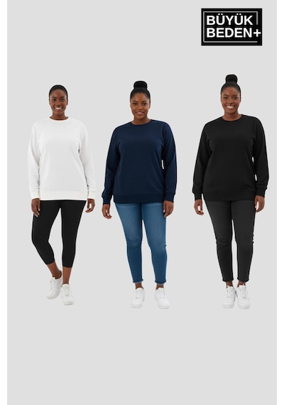 Süperlife Kadın Büyük Beden İkili Bisiklet Yaka 3'lü Set -rahat Kalıp İnce Sweatshirt Spr26bsw956+3 Black-ecru-navy Süperlife Kadın Büyük Beden İkili Bisiklet Yaka 3'lü Set -rahat Kalıp İnce Sweatshirt Spr26bsw956+3 Black-ecru-navy