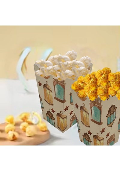 12li Ramazan Temalı Patlamış Mısır, Şeker Kutusu, Hediye Popcorn, İkram Kutusu, 6x6x11 Cm, Krem Renk Krem