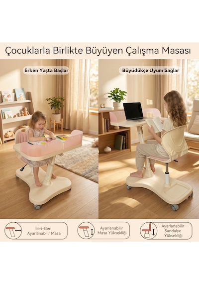Bonny Mobil Çocuk Çalışma Sandalye Seti Pembe