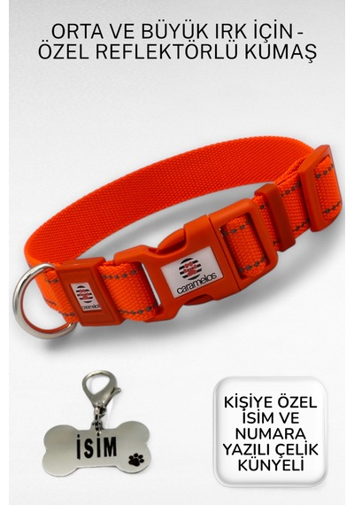 Caramelos Reflektörlü Köpek Tasması, Kişiye Özel Köpek Tasması. Büyük Ive Orta Irk Köpek Tasması Turuncus Turuncu