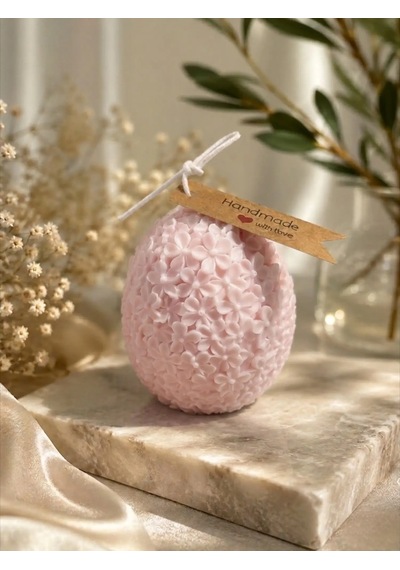 Mumelia Çiçek Desenli Yumurta - Doğal Soya Dekoratif Mum - Pembe