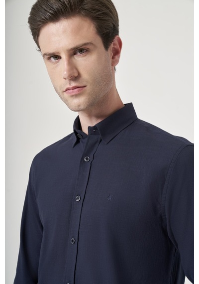 İmza Lacivert Biritli Yaka Uzun Kol Cepsiz Slim Fit Pamuklu Gömlek 1004260207