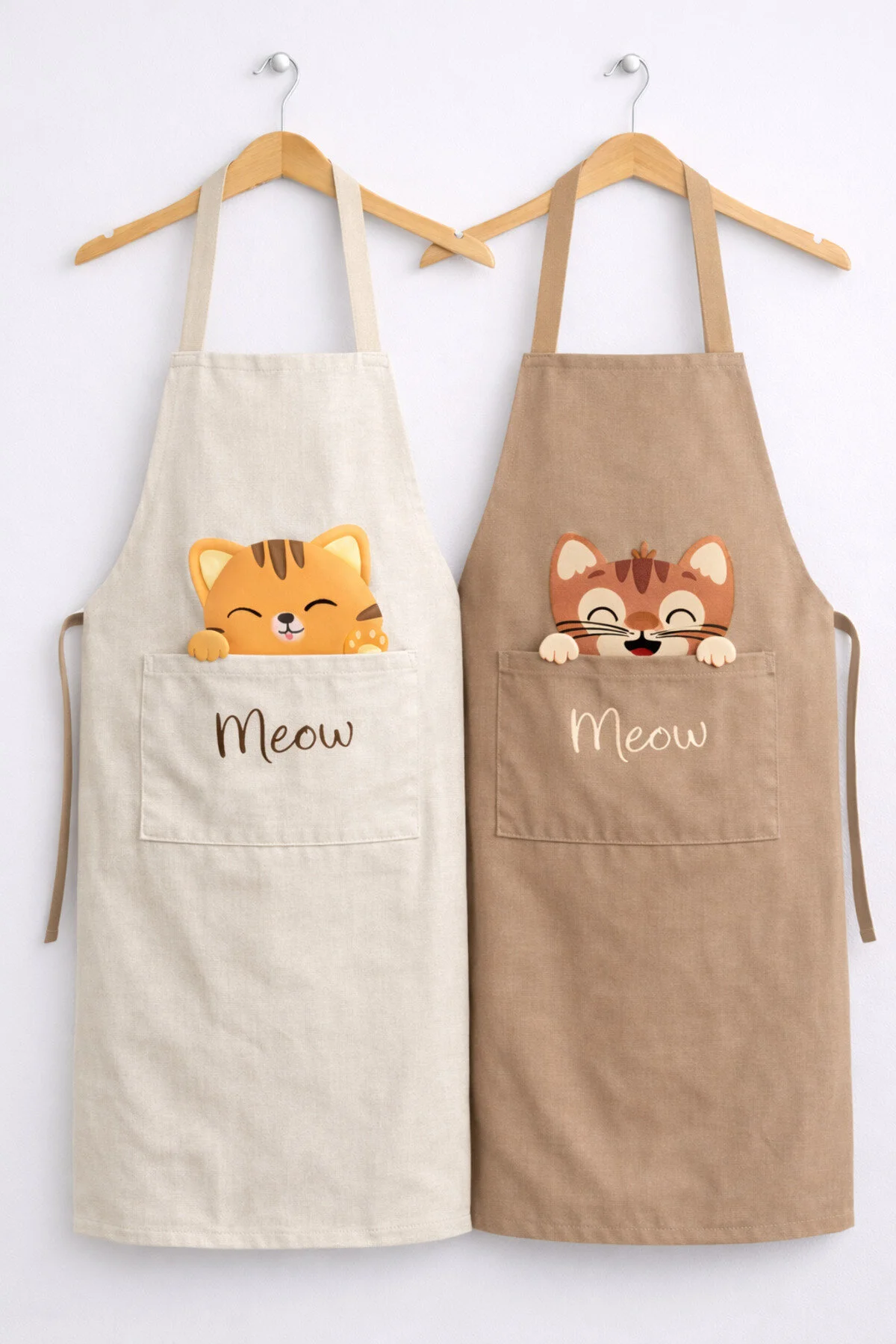 Ays Home Krem Taba Kedi Baskılı Cepli 2'li Mutfak Önlüğü Seti Bej