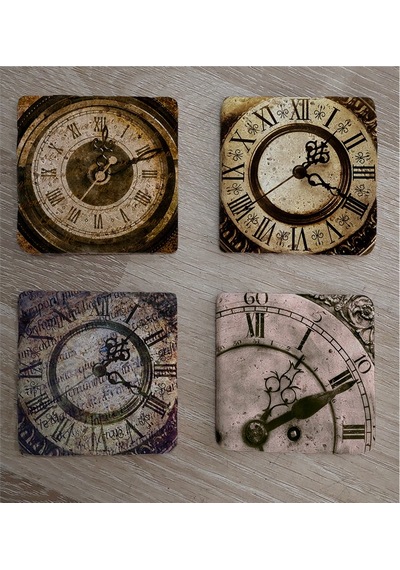 Roma Rakamlı Saatler Doğal Taş Bardak Altlığı 4'lü Set - Natural Stone Coasters - Taş Çok Renkli