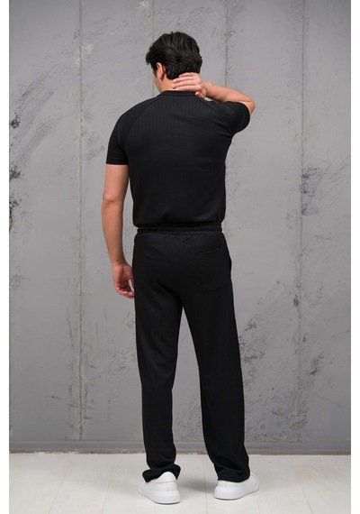 Mass Plus Regular Fit Likralı Kendinden Çizgili Yarım Baggy Pantolonlu T-shirt Takım Siyah Mass Plus Regular Fit Likralı Kendinden Çizgili Yarım Baggy Pantolonlu T-shirt Takım Siyah