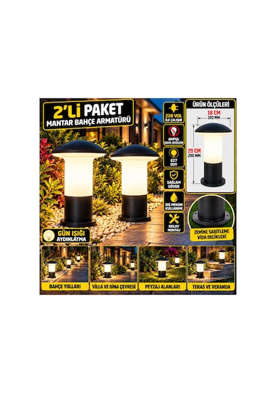2'li Paket Tipi Bahçe Aydınlatma Armatürü 29 Cm Siyah E27 Duy 220v Dış Mekan Park Peyzaj Yürüyüş Yolu Lambası Ampul Hariç Siyah - 939324801 Siyah