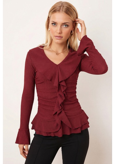Armonika Kadın Bordo Yakası Fırfırlı Kolları Volanlı Büzgülü Bluz Arm-26k001079