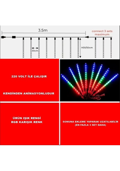Meteor Süsleme Ledi 3,5 Mt 8 Çubuk Renk Rgb Çok Renkli