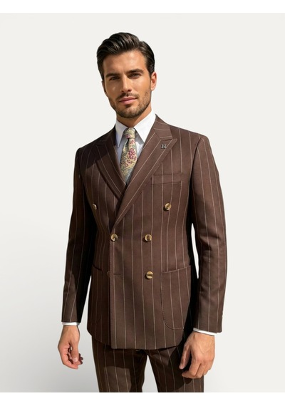Hermose Sartorial Kahverengi Çizgili Kruvaze Takım Elbise