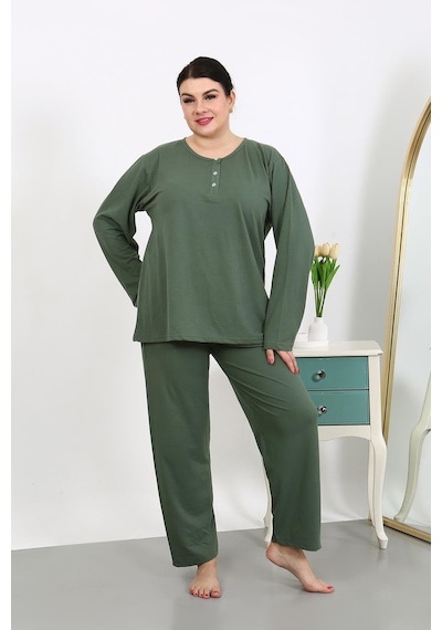 Akbeniz Kadın Büyük Beden Uzun Kol Penye Pijama Takımı Haki 202501 Haki