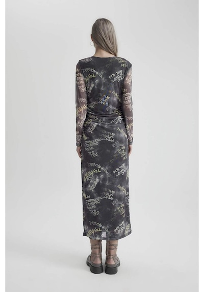 DeFacto Coool Bodycon Desenli Tül Uzun Kollu Maxi Elbise C1891AX24SPGR452