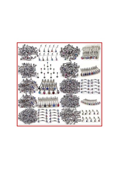 25 Adet Paslanmaz Çelik Taşlı Karışık Pıercıng Küpesi - Piercing Küpe Set Gri
