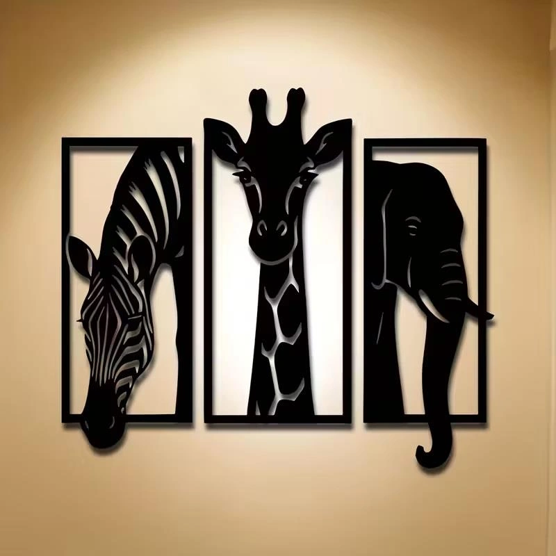 Cajuart Dekoratif Üçlü Hayvan Zebra Zürafa Fil Ahşap Duvar Tablo Dekor