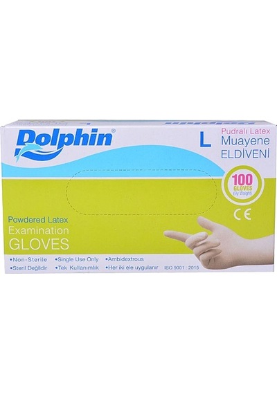 Dolphin Latex Pudralı Eldiven 100'lü L Dolphin Latex Pudralı Eldiven 100'lü L