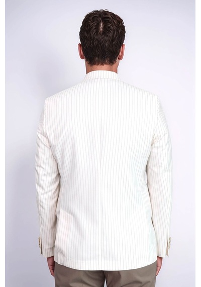 Ekru Çizgili Keten Dokulu Gold Renk Metal Düğmeli Slim Fit Erkek Blazer Ceket Wessi Beige