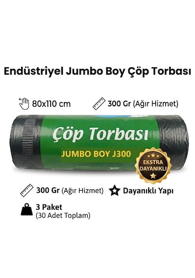 Endüstriyel Jumbo Boy Çöp Torbası 80 x 110 CM 300 G 3 x 10'lu