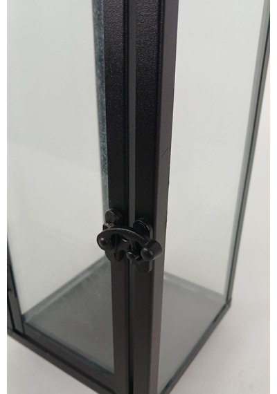 Cam Panelli 31 Cm Metal Mumluk Fener - Askılı Dikdörtgen Dekoratif Şamdan Siyah