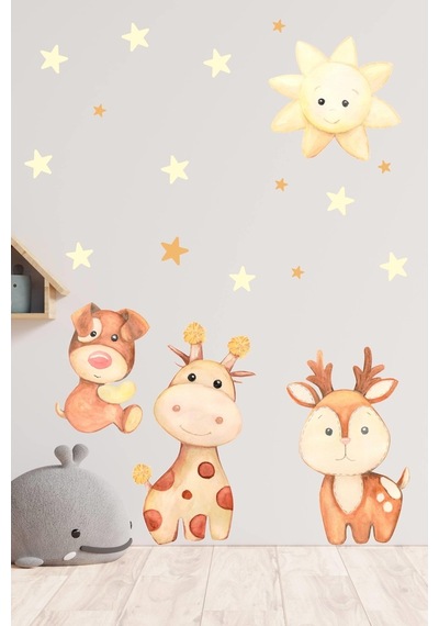 MSticker Sevimli Zürafa,Köpek,Geyik Ve Yıldızlar Çocuk Bebek Odası Sticker
