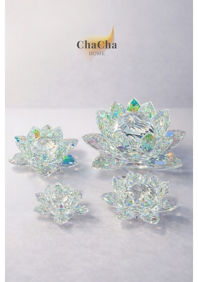 Chacha Home Kristal Nilüfer Çiçeği Obje & Mumluk - Lüks Cam Lotus Sehpa Ve Konsol Dekoru 15 Cm / 10 Cm / 8 Cm / 6 Cm Mini