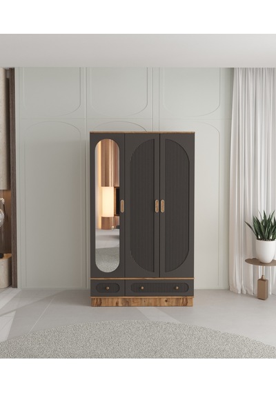 Soho 3 Kapaklı Çekmeceli Bazalı Gardırop - Tamamı Mdf Antrasit