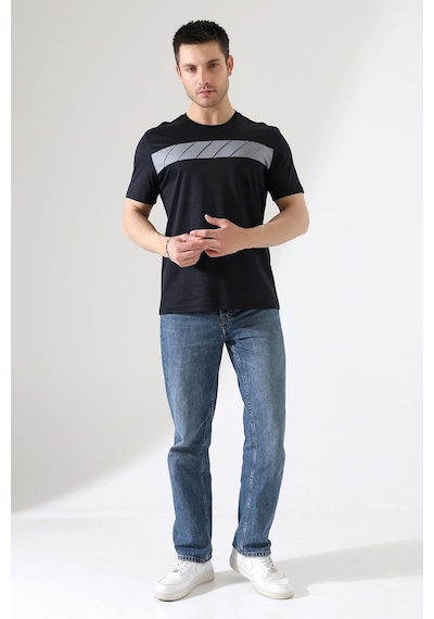 Erkek İki Renk Parçalı Bisiklet Yaka T-shirt - Pamuklu Tişört Siyah
