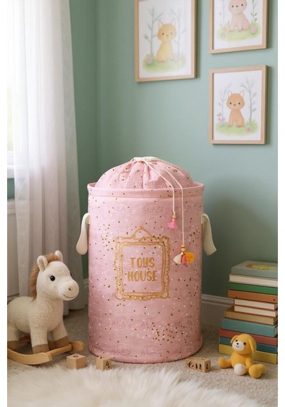 2 Adet Baby Yuvarlak Torbalı Sepet/oyuncak Sepeti/kirli Çamaşır Sepeti 46x31 Cm Gri-beyaz