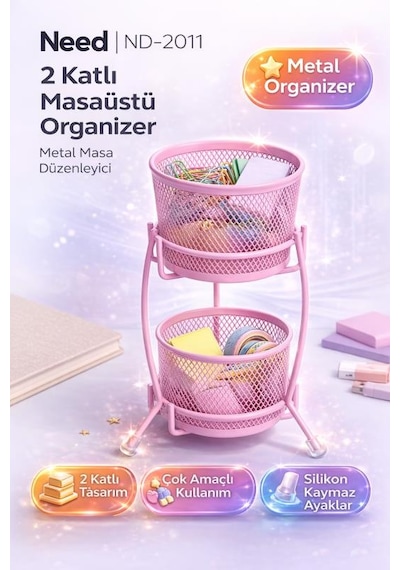 Need Nd-2011 Çok Amaçlı İki Katlı Masaüstü Organizer Metal Masa Düzenleyici Pembe
