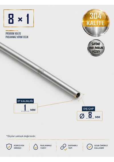 Paslanmaz Boru - 8 X 1mm - Boy 1 Metre - Krom Çelik