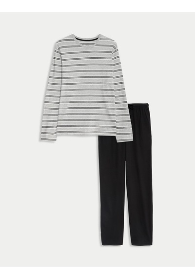 Marks & Spencer Saf Pamuk Çizgili Pijama Takımı T07000570 Gri