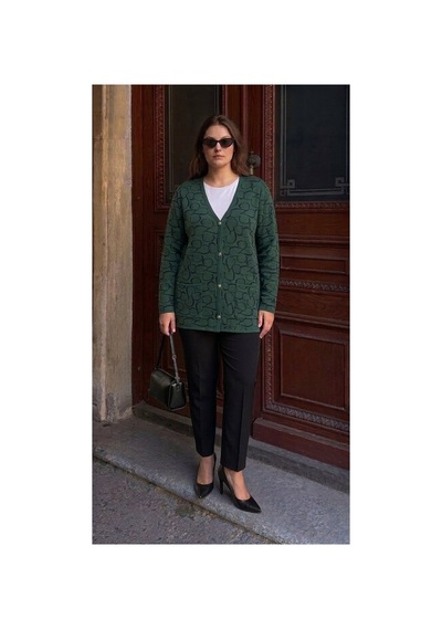 Onno Style Women Kalp Desenli Klasik Triko Düğmeli Ceket Yeşil