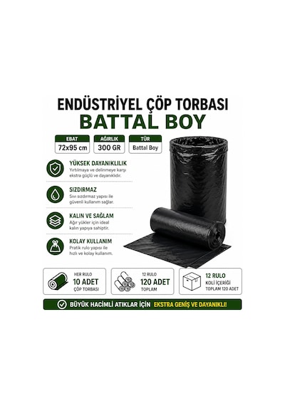 Endüstriyel Battal Boy Çöp Torbası Seti 72x95 Cm Siyah - Koli Içi 120 Adet 12 Rulo X 10 Adet