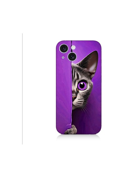 Apple Uyumlu iPhone 15 Plus Mor Kedi Desenli Silikon Kılıf Silikon