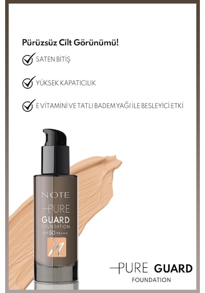 Note Pure Guard Foundation 130 Classic Beige Spf 50 Yoğun Kapatıcı Saten Bitişli Fondöten