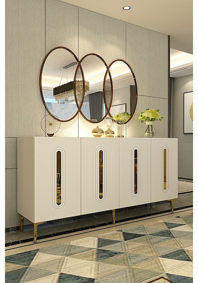 Ka1520bg Rany150 Konsol, Tv Sehpası, Kahve Köşesi Beyaz-gold 150cm Beyaz