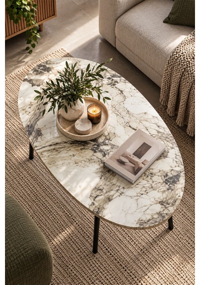 Sulorahome Metal Ayaklı Oval Orta Sehpa Efes Beyaz Mermer Desenli Beyaz - Mermer